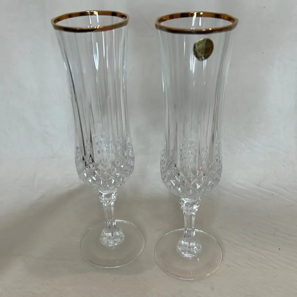Cristal De Arques Crystal 24 K Gold Trim Long Stem Flutes 8 In Tall 2 In Round